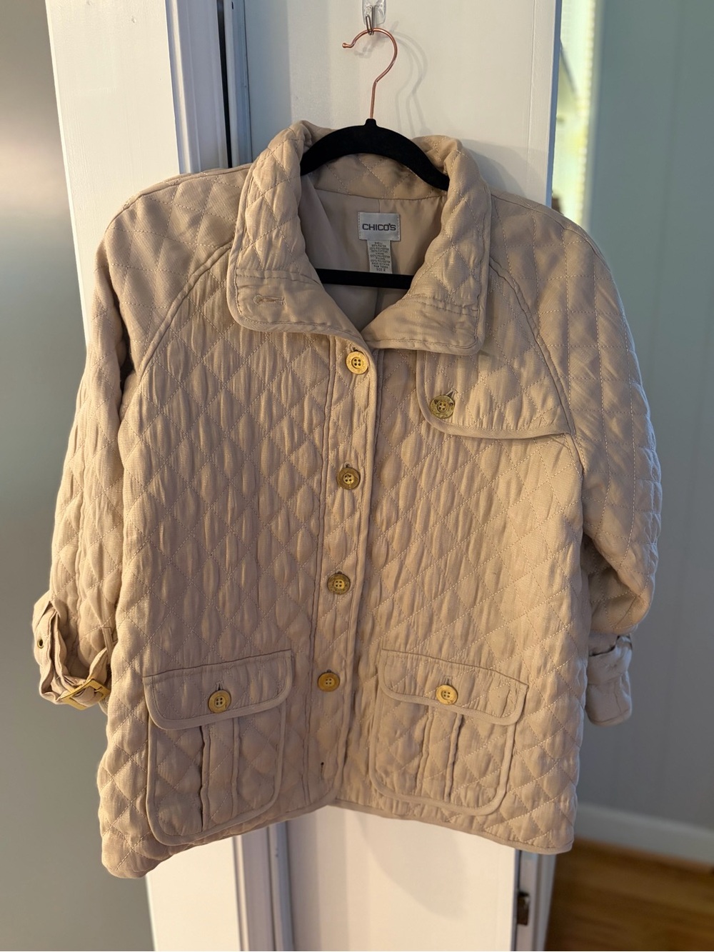 Chico's Quilted Beige Button-Front Puffer Jacket